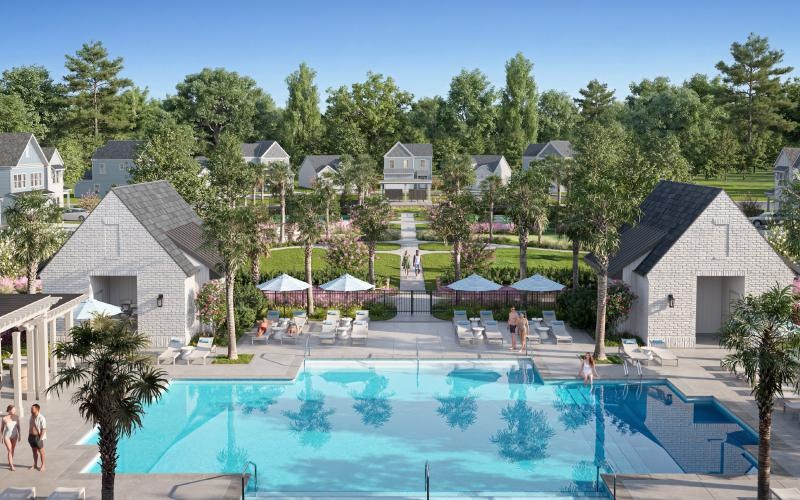 a pool with people around it