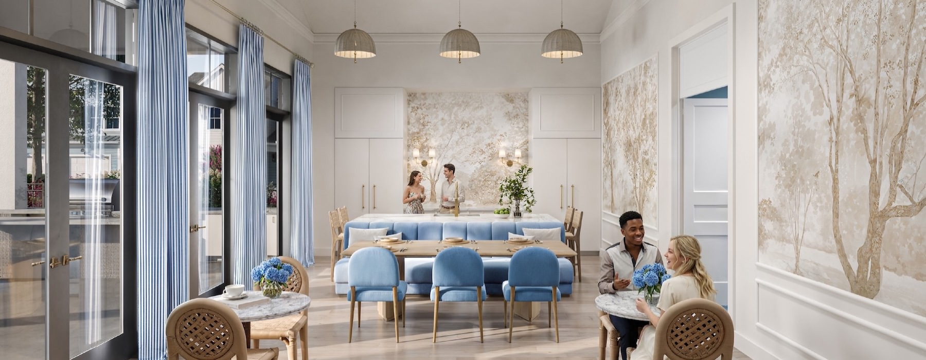 a lounge with seating and a kitchen